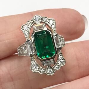 Anna Zuckerman Great Gatsby Green Emerald Art Deco 925 Sterling Silver Ring